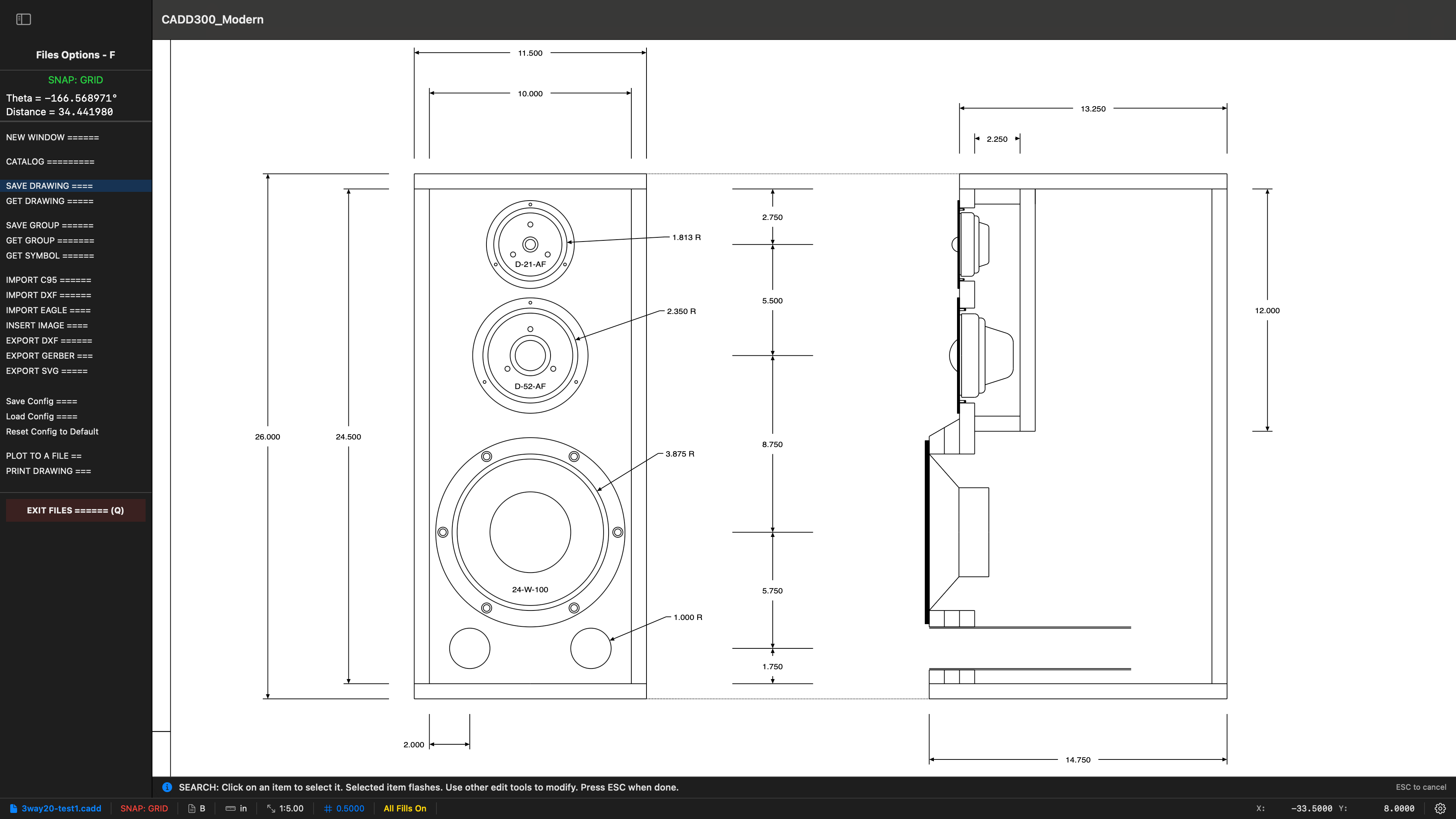 3-way speaker crossover and enclosure design drawn in CADD300 Modern